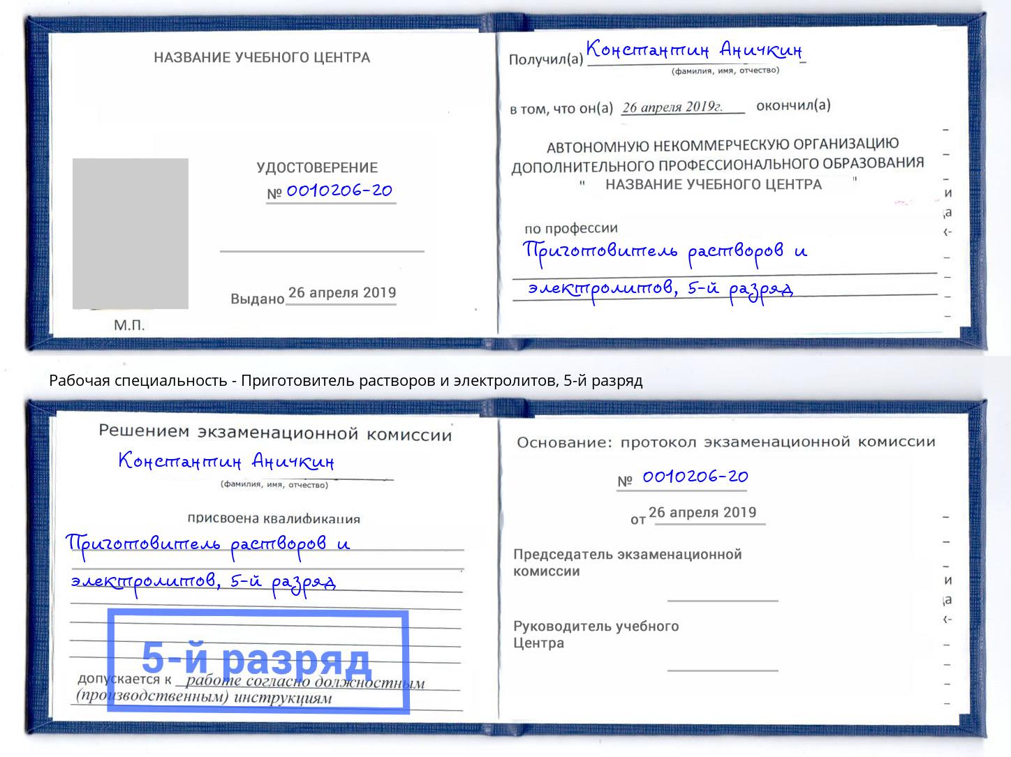 корочка 5-й разряд Приготовитель растворов и электролитов Кирово-Чепецк