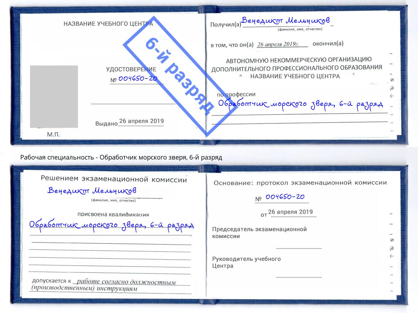 корочка 6-й разряд Обработчик морского зверя Кирово-Чепецк