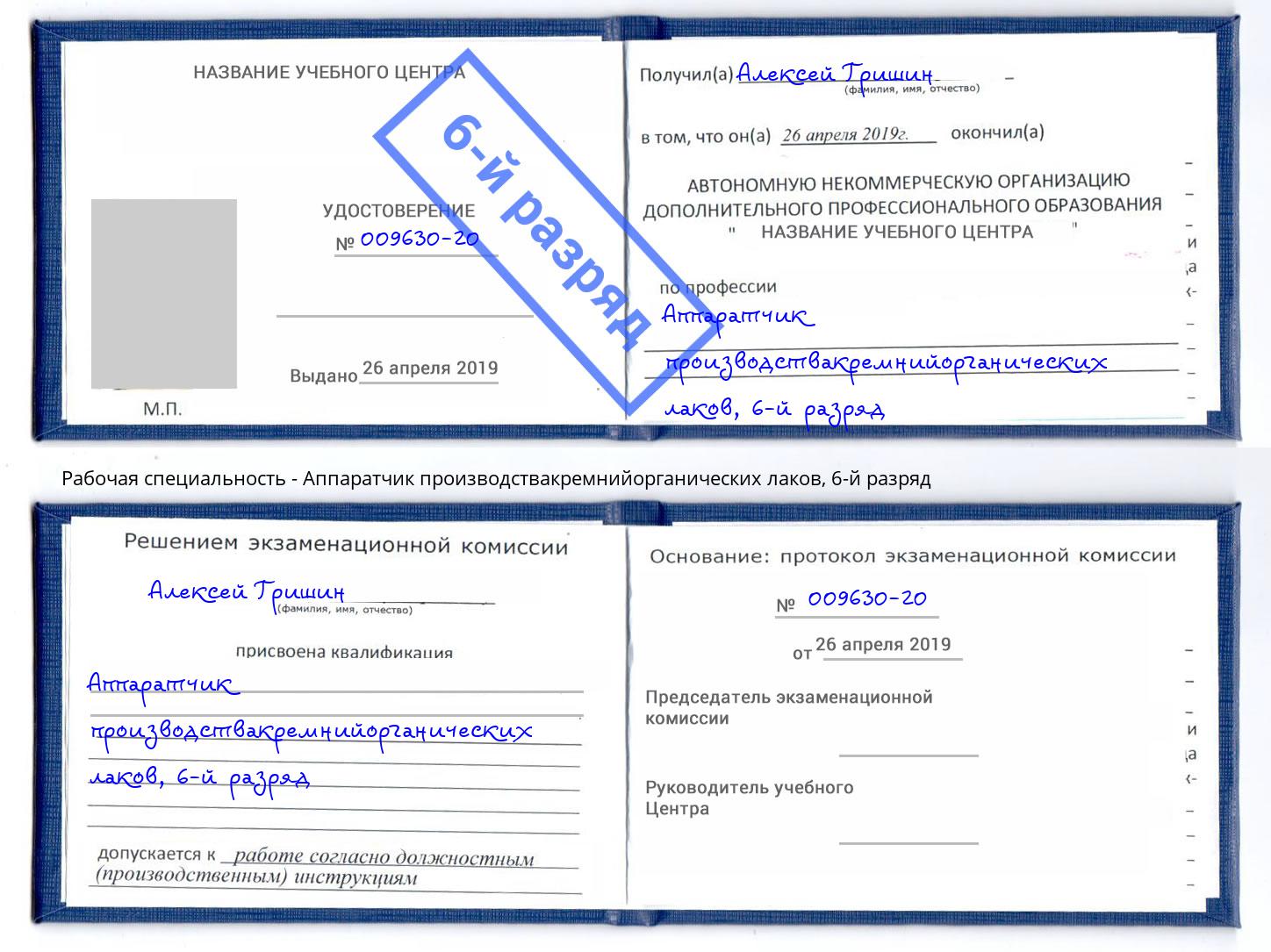 корочка 6-й разряд Аппаратчик производствакремнийорганических лаков Кирово-Чепецк