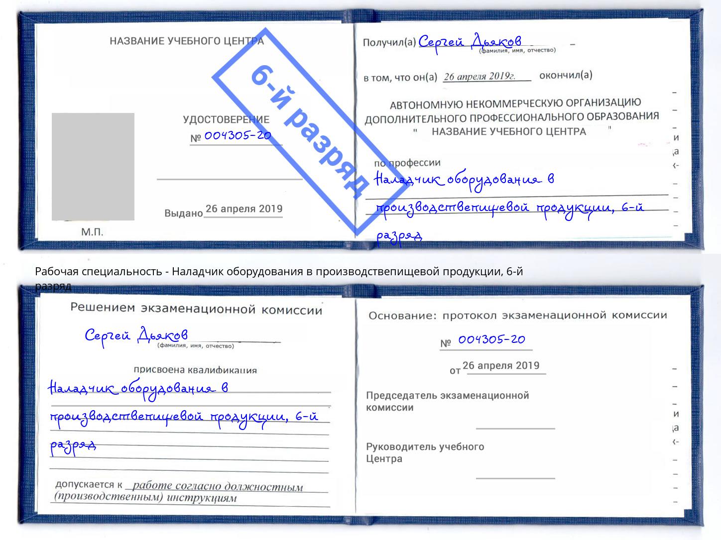 корочка 6-й разряд Наладчик оборудования в производствепищевой продукции Кирово-Чепецк
