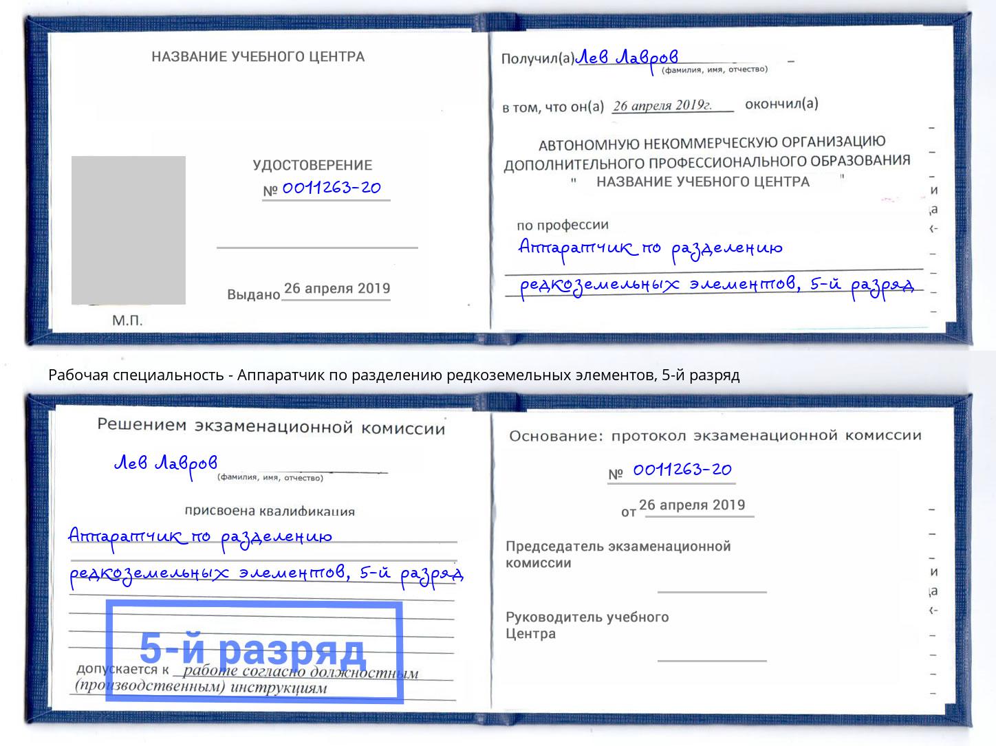 корочка 5-й разряд Аппаратчик по разделению редкоземельных элементов Кирово-Чепецк